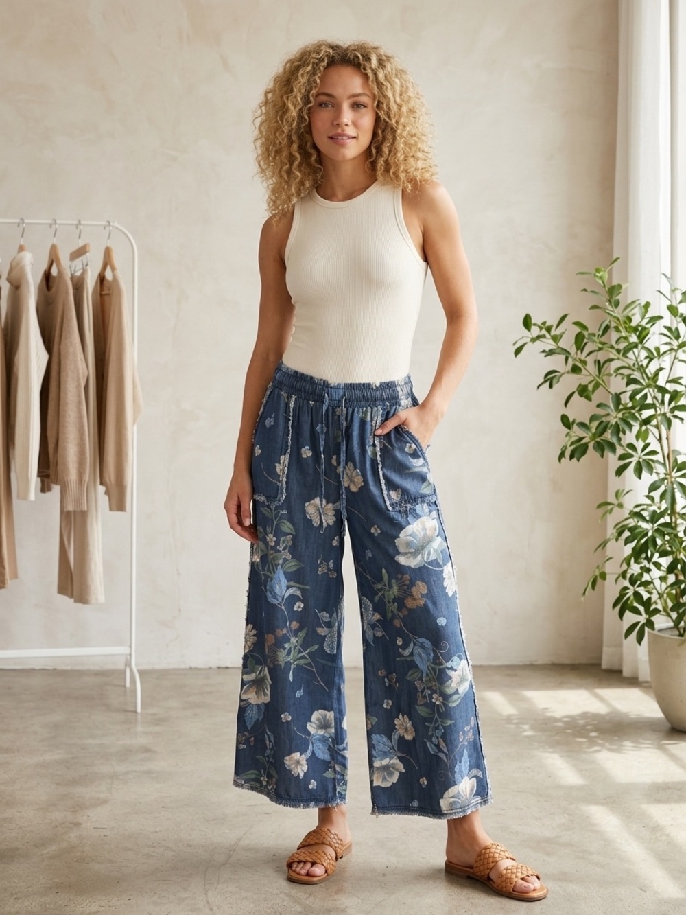 Sage & Fig Botanical Print Wide-Leg Denim Pant